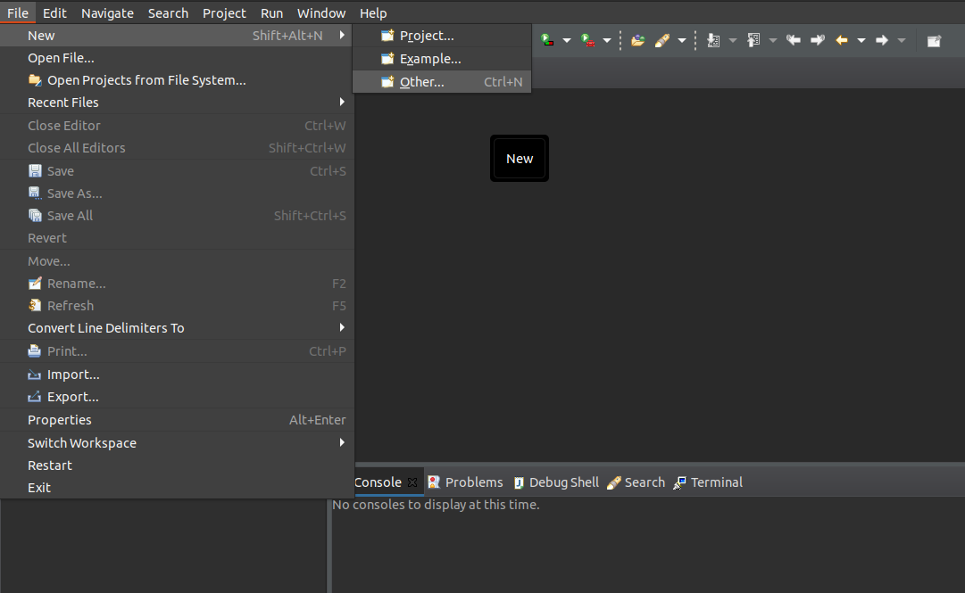 Imagem do Eclipse com o menu 'File -> Other' aberto.