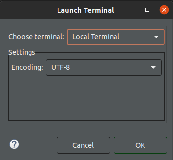 Imagem do Eclipse com o menu de abertura de Terminal com a opção 'Terminal Local' selecionada em 'Choose Terminal' e 'UTF-8' em 'Encoding'