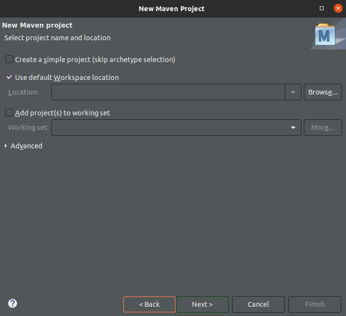 Imagem do Eclipse com a opção 'Use default workspace location' marcada e a opção 'Create a simple project' desmarcada.