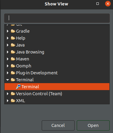 Imagem do Eclipse com a janela de seleção de menus com foco na opção Terminal.