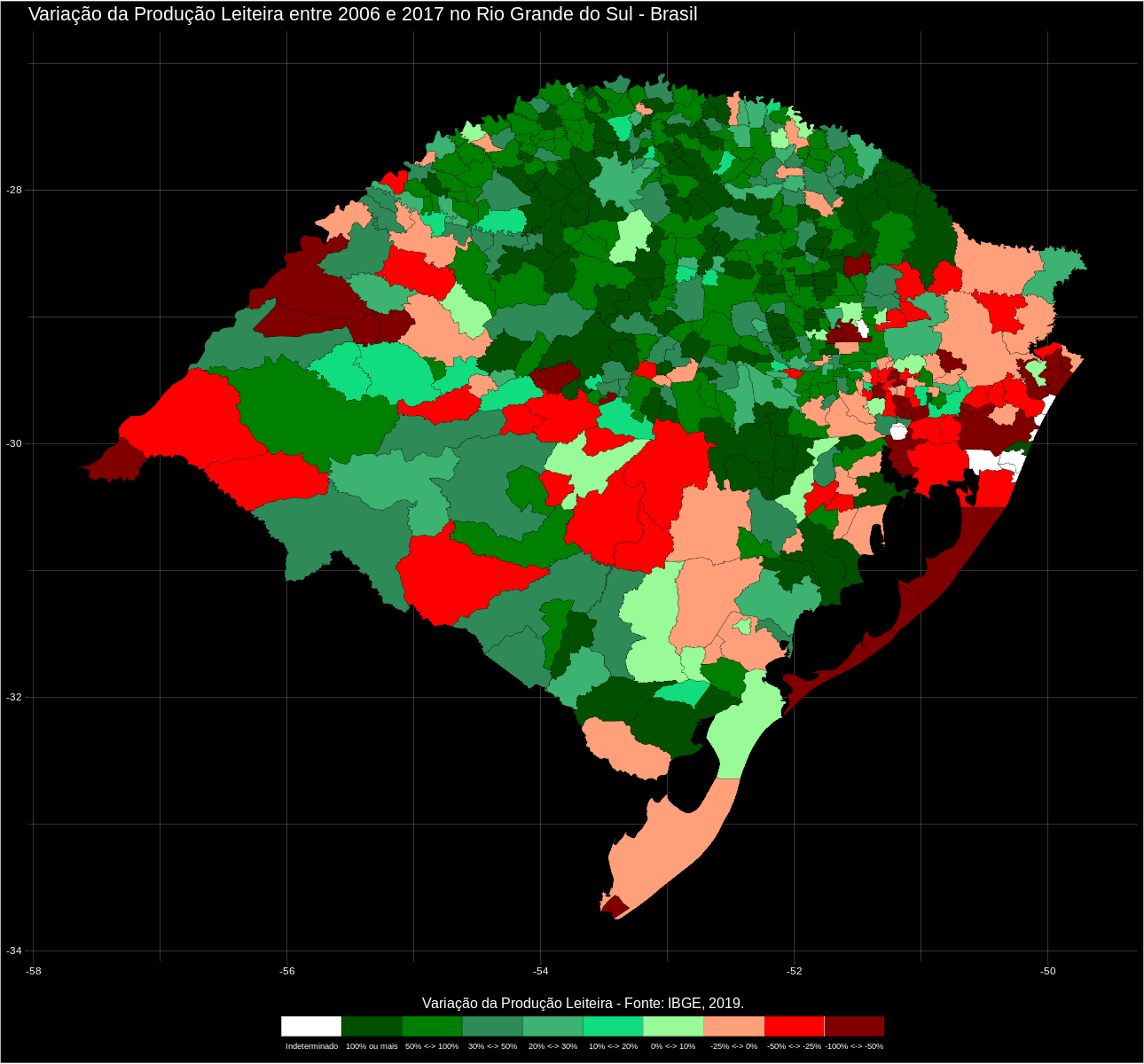 Mapa com a variação percentual da produção de leite entre 2006 e 2017 nos municípios do RS