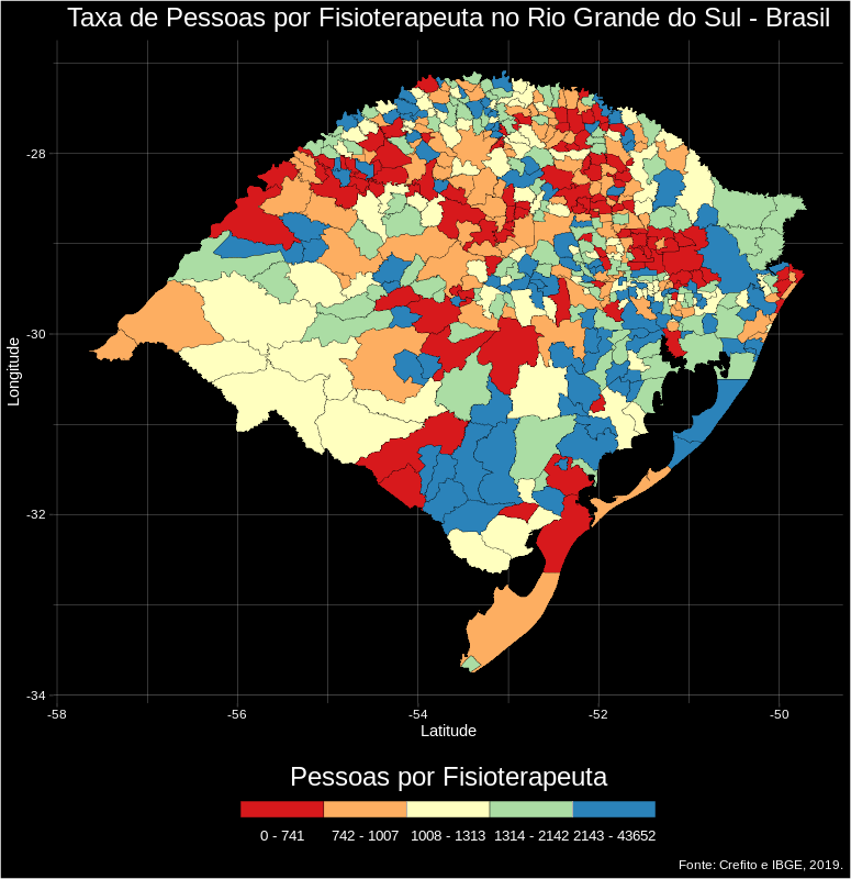 Mapa com cinco categorias de números de fisioterapeutas por município no estado do Rio Grande do Sul, Brasil.