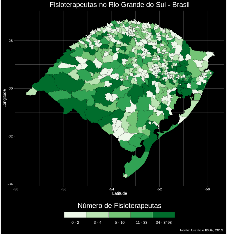 Mapa com cinco categorias de taxas de fisioterapeutas/população, por município, no estado do Rio Grande do Sul, Brasil.
