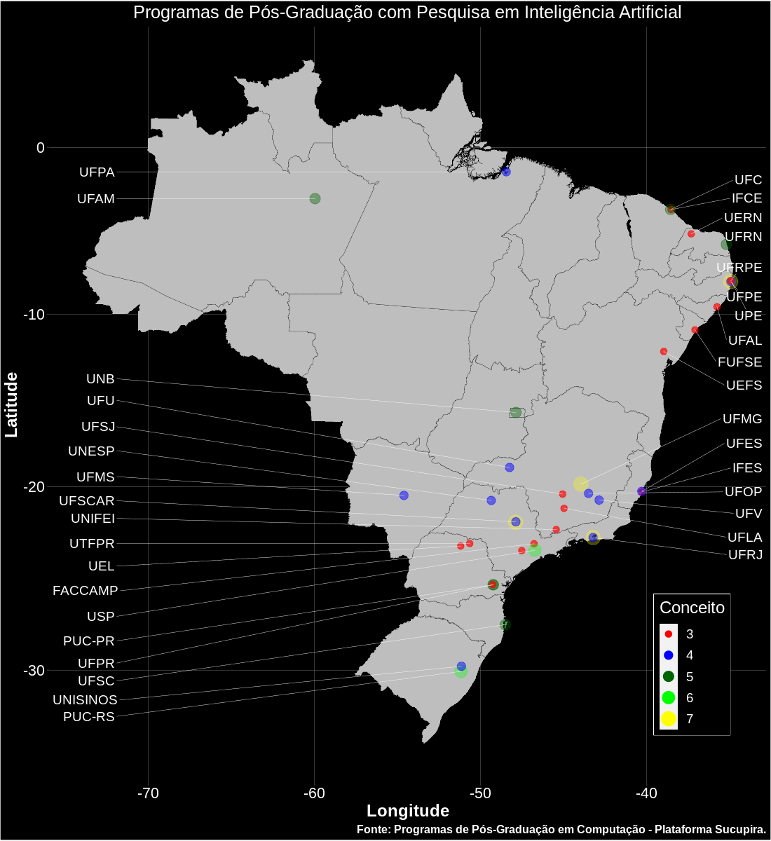 Mapa com os Programas de Pós-Graduação em Computação do Brasil com pesquisa em Inteligência Artificial.