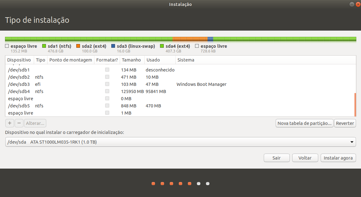 Detalhes das partições do sistema.