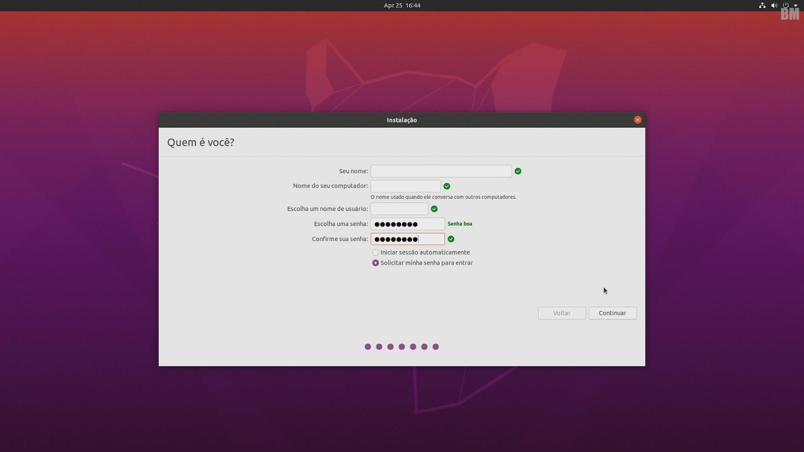 Credenciais para a máquina.