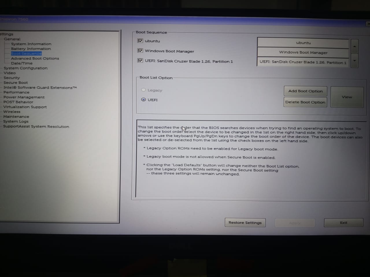 Ordem das opções de boot.