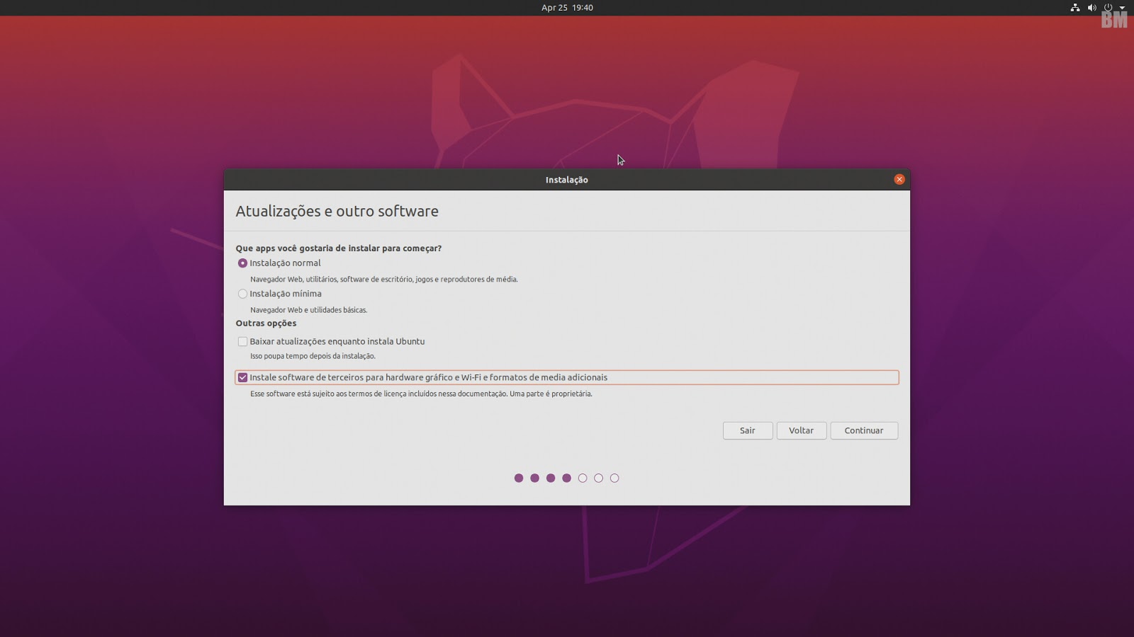 Atualizações durante a instalação.