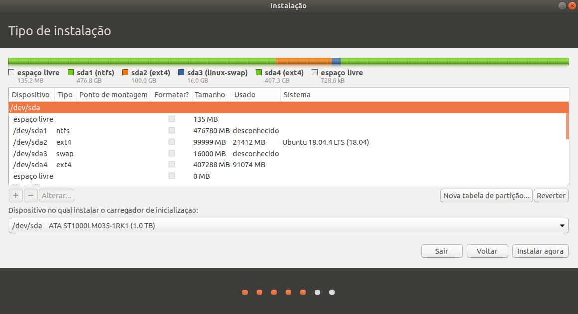 Detalhes das partições do sistema.