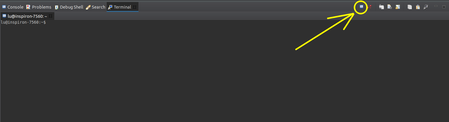 Imagem das janelas inferiores do Eclipse com foco no botão de abertura de janela de Terminal.