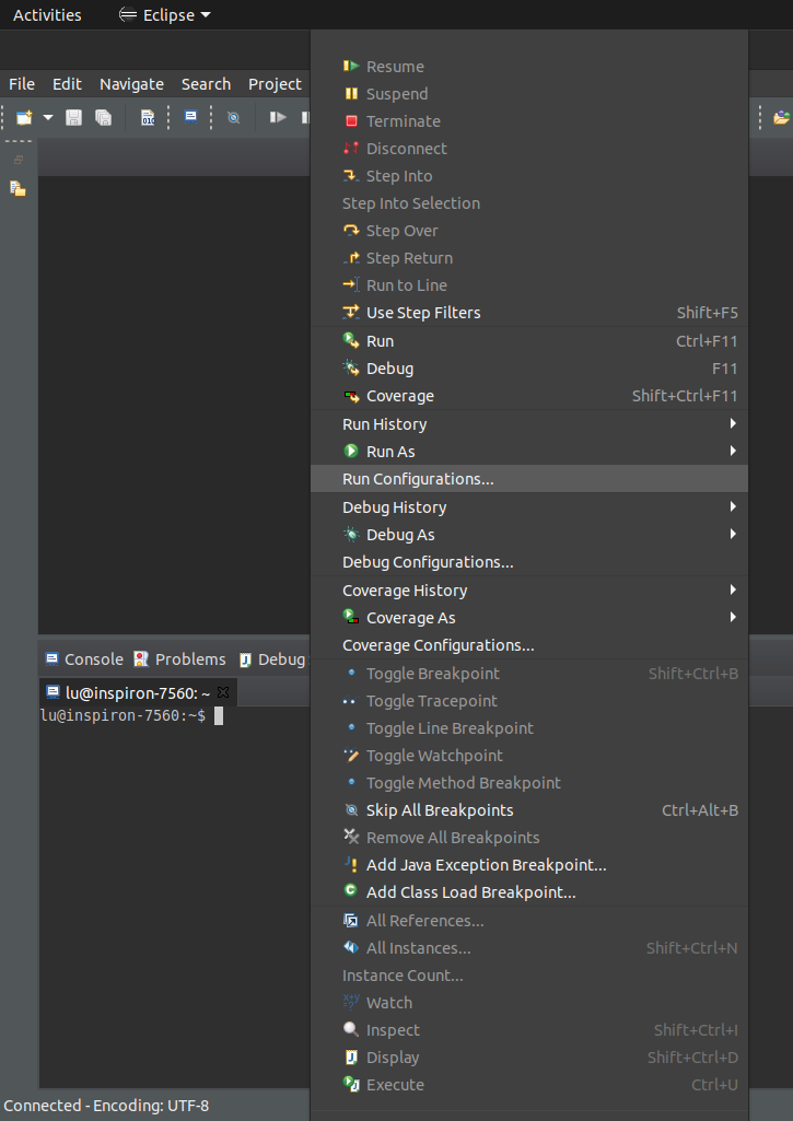 Menu superior Run do Eclipse, com a opção Run Configurations destacada.