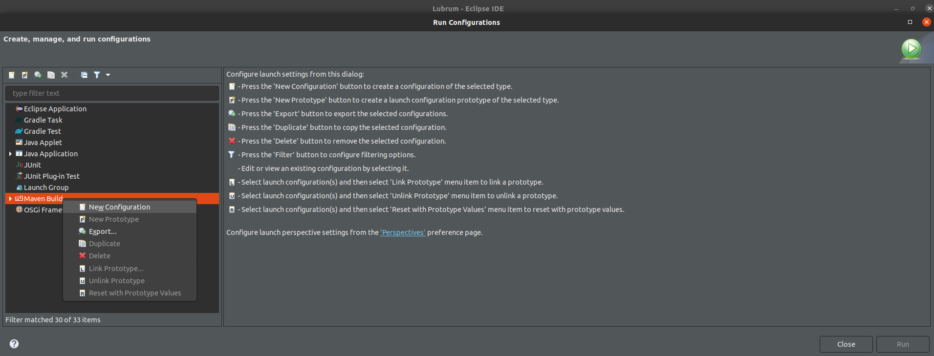 Opção Maven Build com a opção 'New Configuration' destacada.