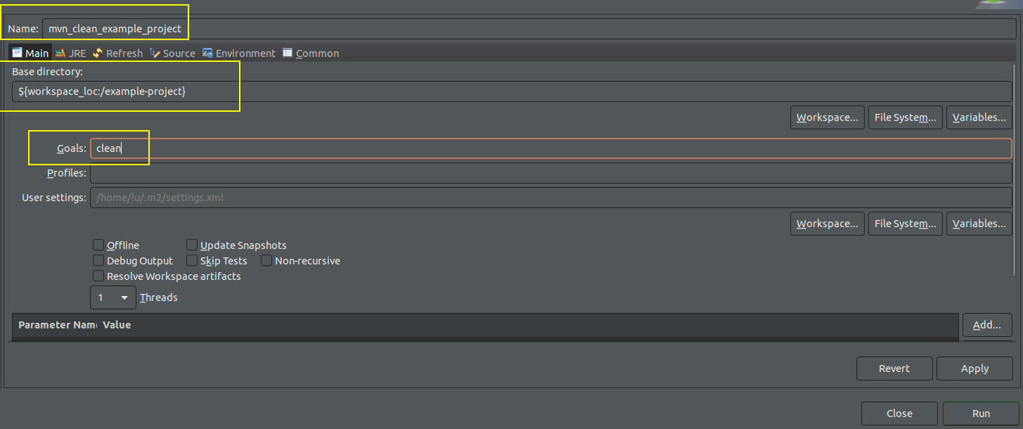 Aba 'Main' da criação de configuração Maven, com destaque para os campos 'name', 'Base Directory' e 'Goals'.