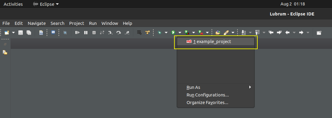 Botão de execução do comando Maven na IDE do Eclipse destacado.