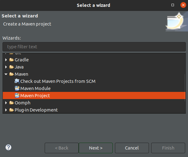 Imagem do Eclipse com a seleção do projeto do tipo Maven.