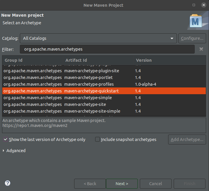 Imagem do Eclipse com a seleção do archetype Maven aberta, com a opção Artifact Id maven-archetype-quickstart selecionada