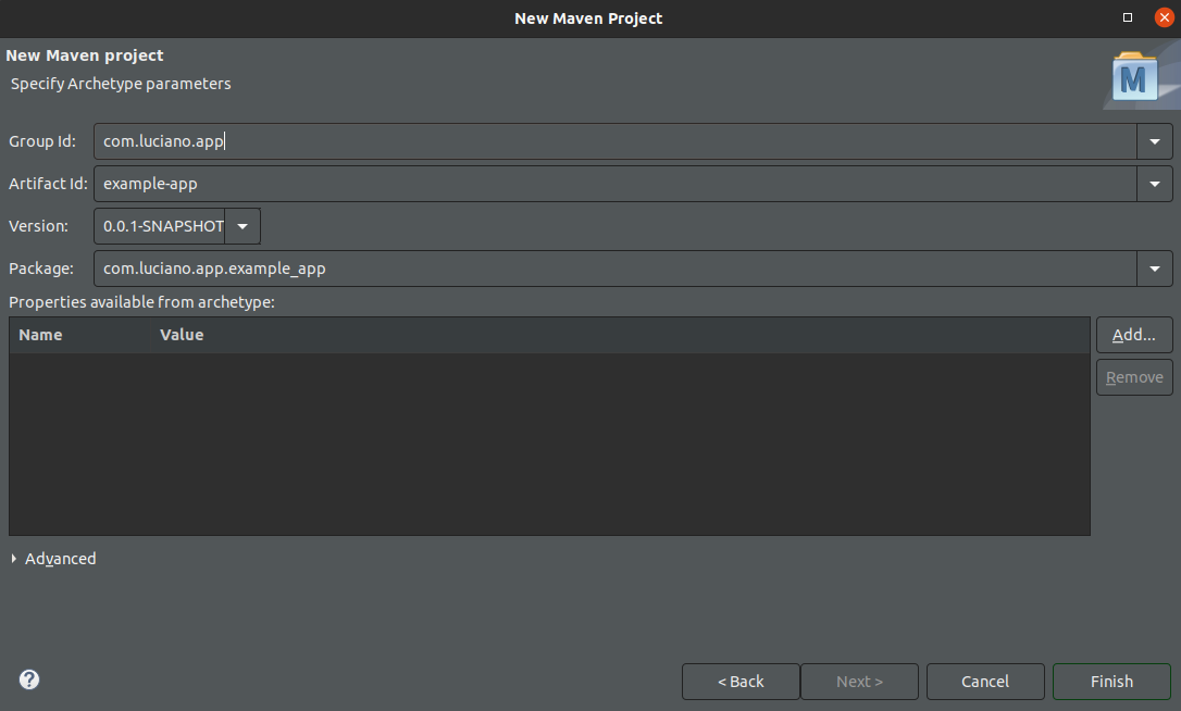 Imagem do Eclipse com os campos groupId, artifactId e version preenchidos.