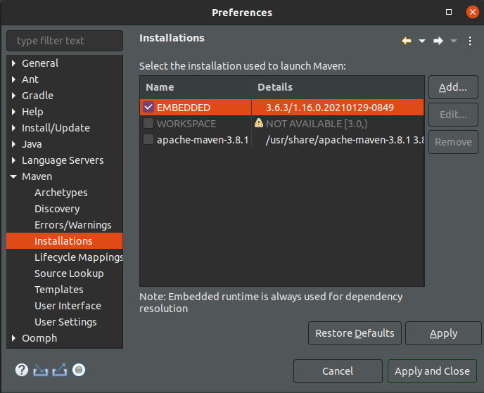 Imagem do Eclipse com a janela mostrando a versão do Maven embutida.