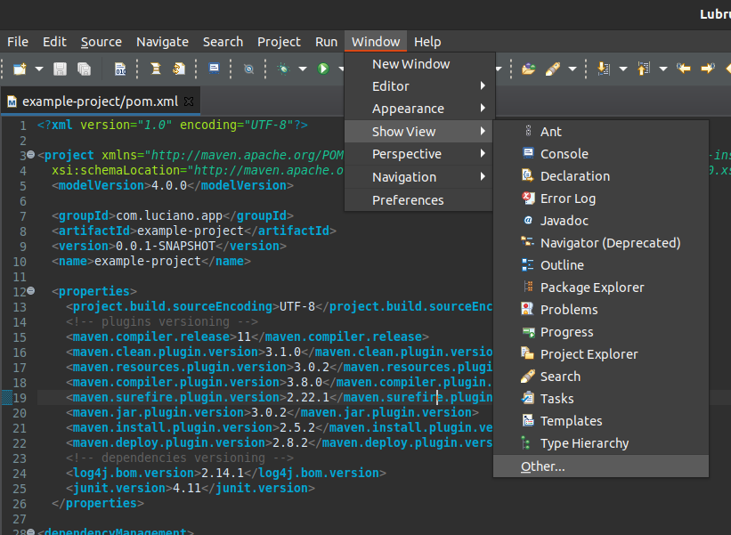Imagem do Eclipse com o menu 'Window -> Show View -> Other...' aberto.