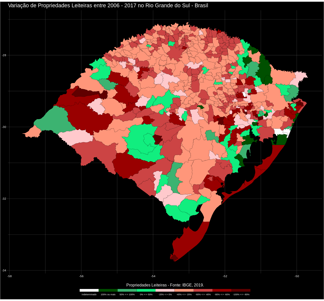Mapa com a variação percentual do número de estabelecimentos rurais que produziam leite entre 2006 e 2017 nos municípios do RS
