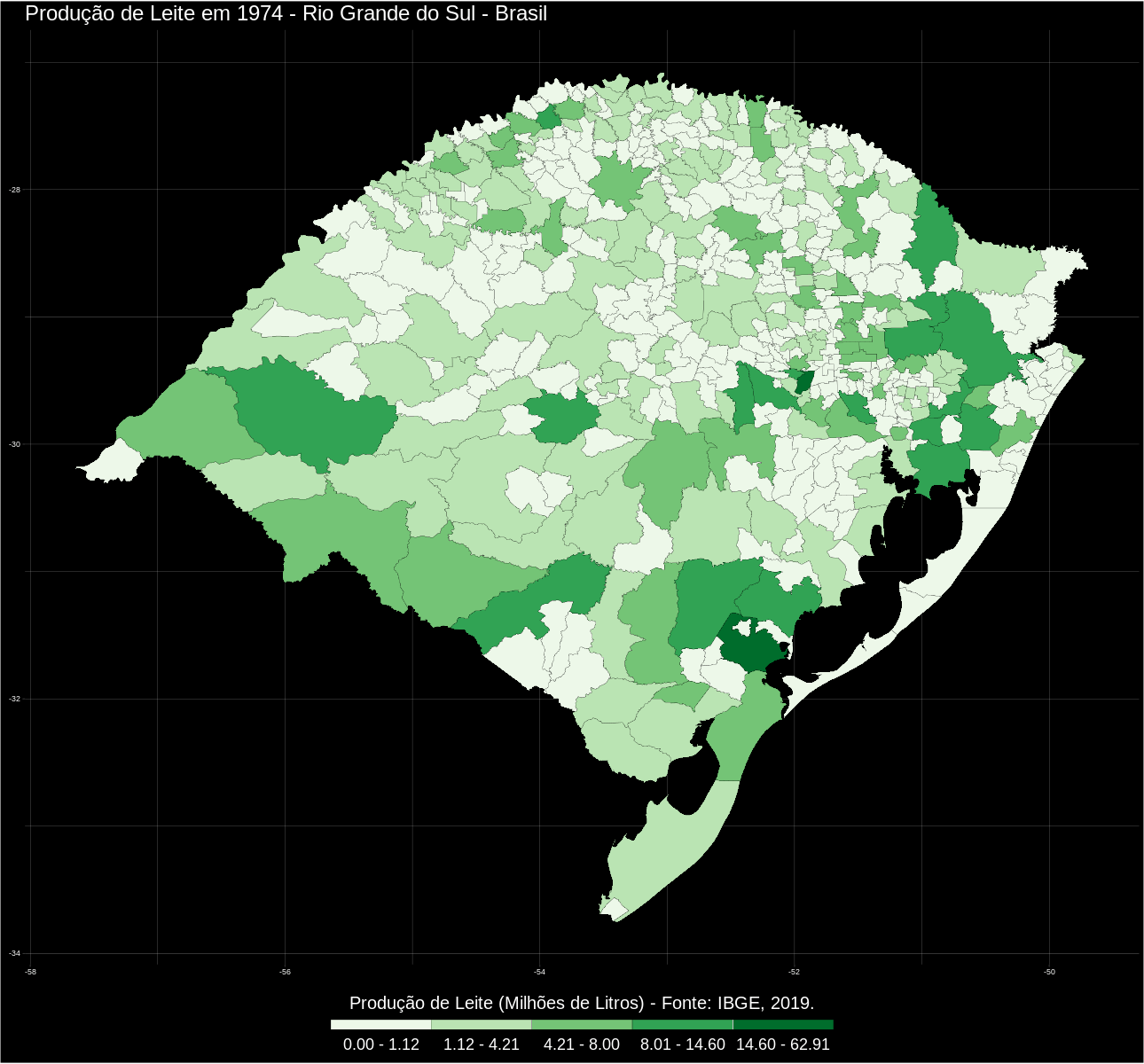 Mapa animado com a variação absoluta da produção de leite na escala de milhões de litros entre 1974 e 2017 nos municípios do RS