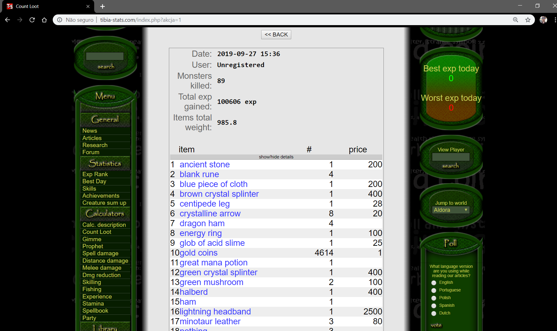 Print do Tibia Stats na ferramenta count loot.
