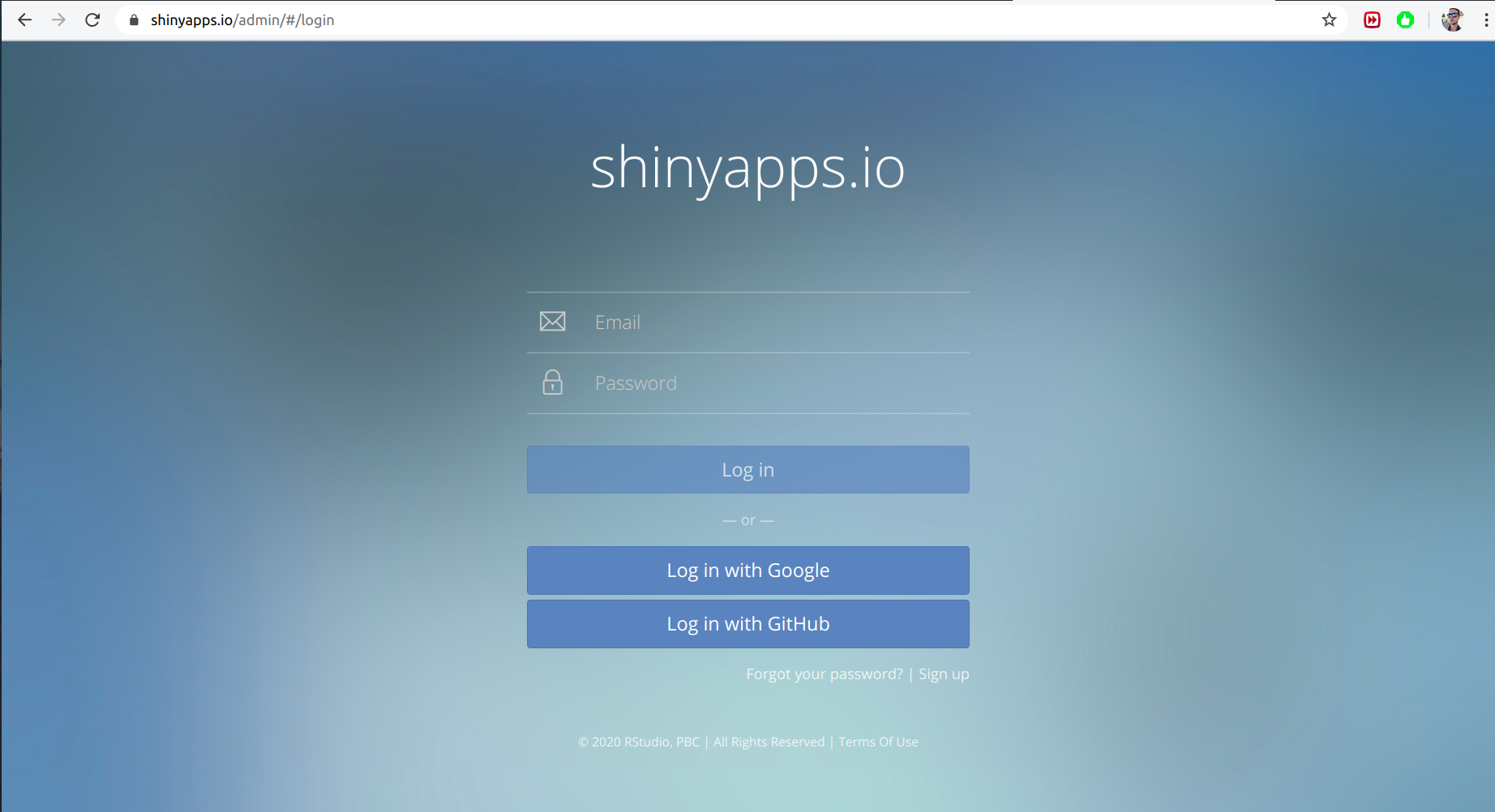Print da página inicial do shinyapps.io.