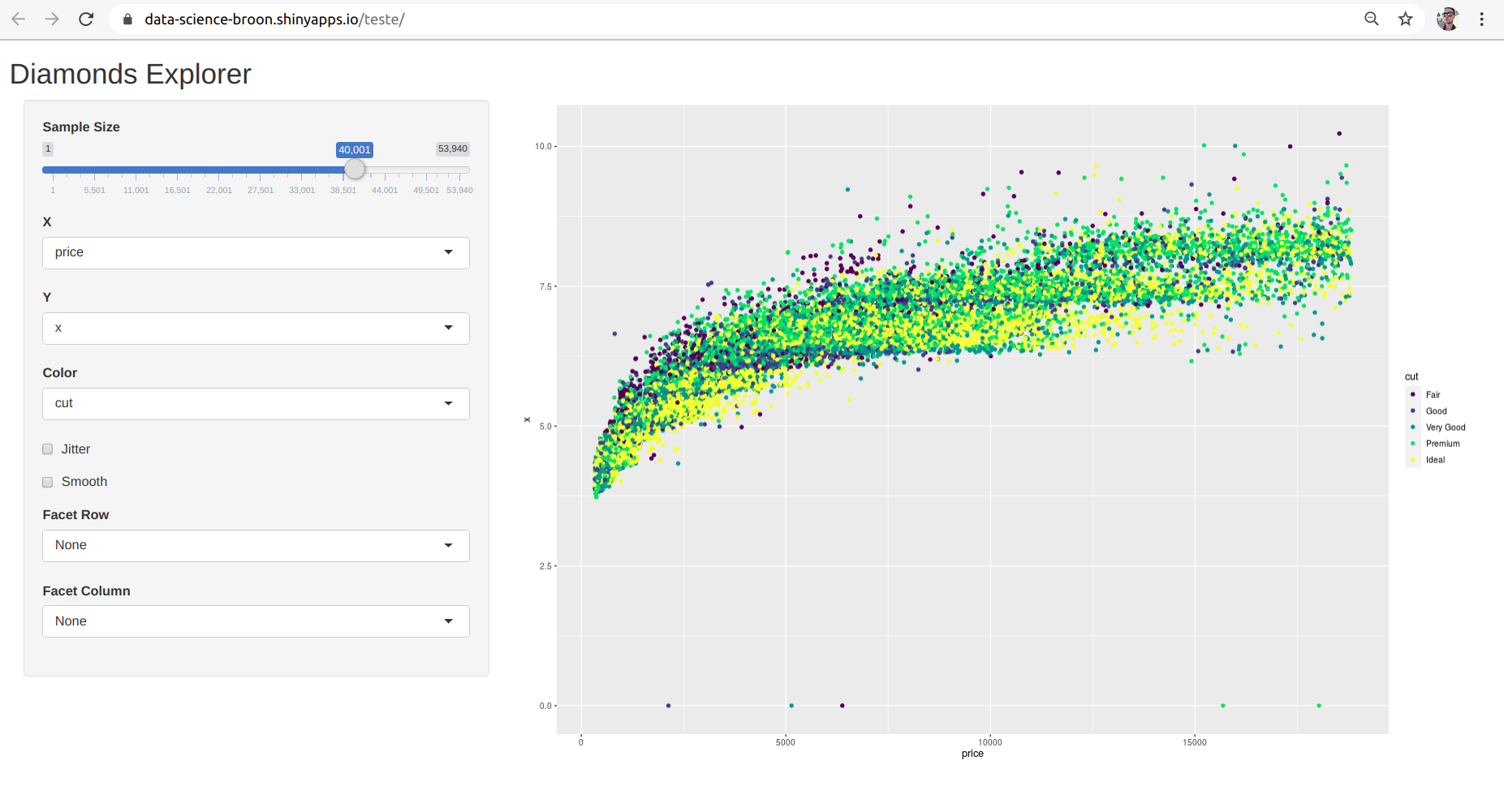 Print da tela com a aplicação em execução no shinyapps.io.