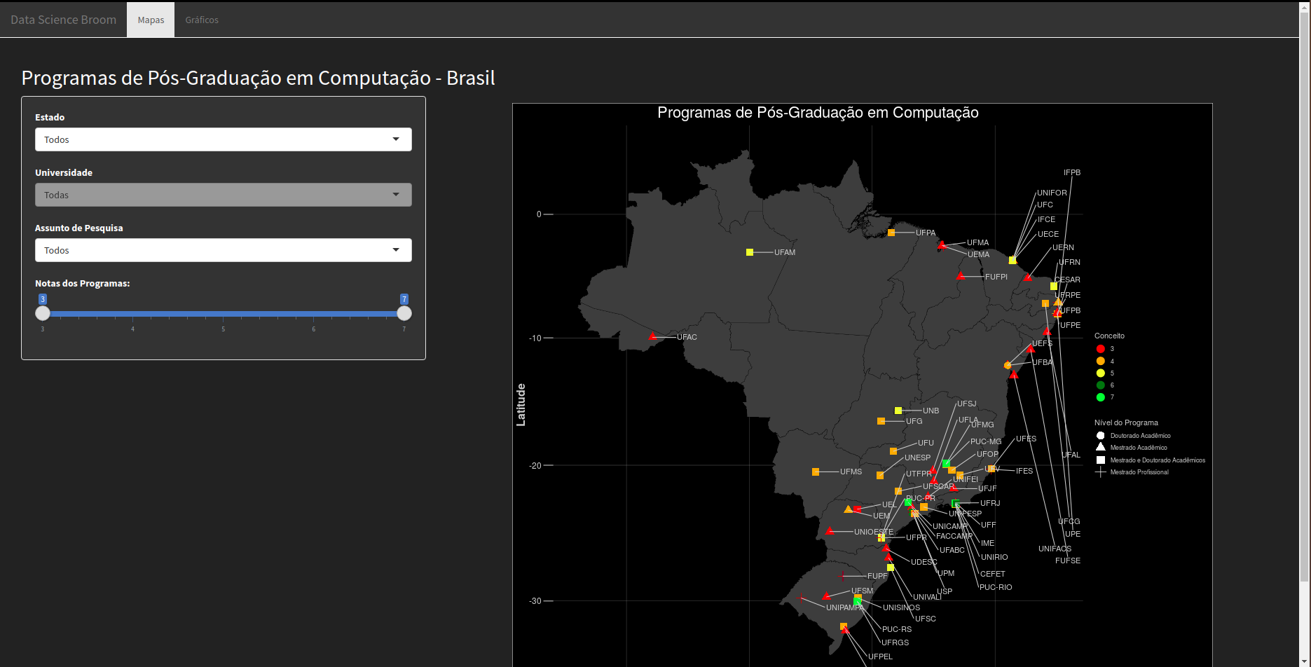 Print da tela com a aplicação em execução no shinyapps.io.